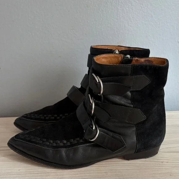 Isabel Marant Black Leather & Suede Buckle Ankle Boots - Picture 4 of 6